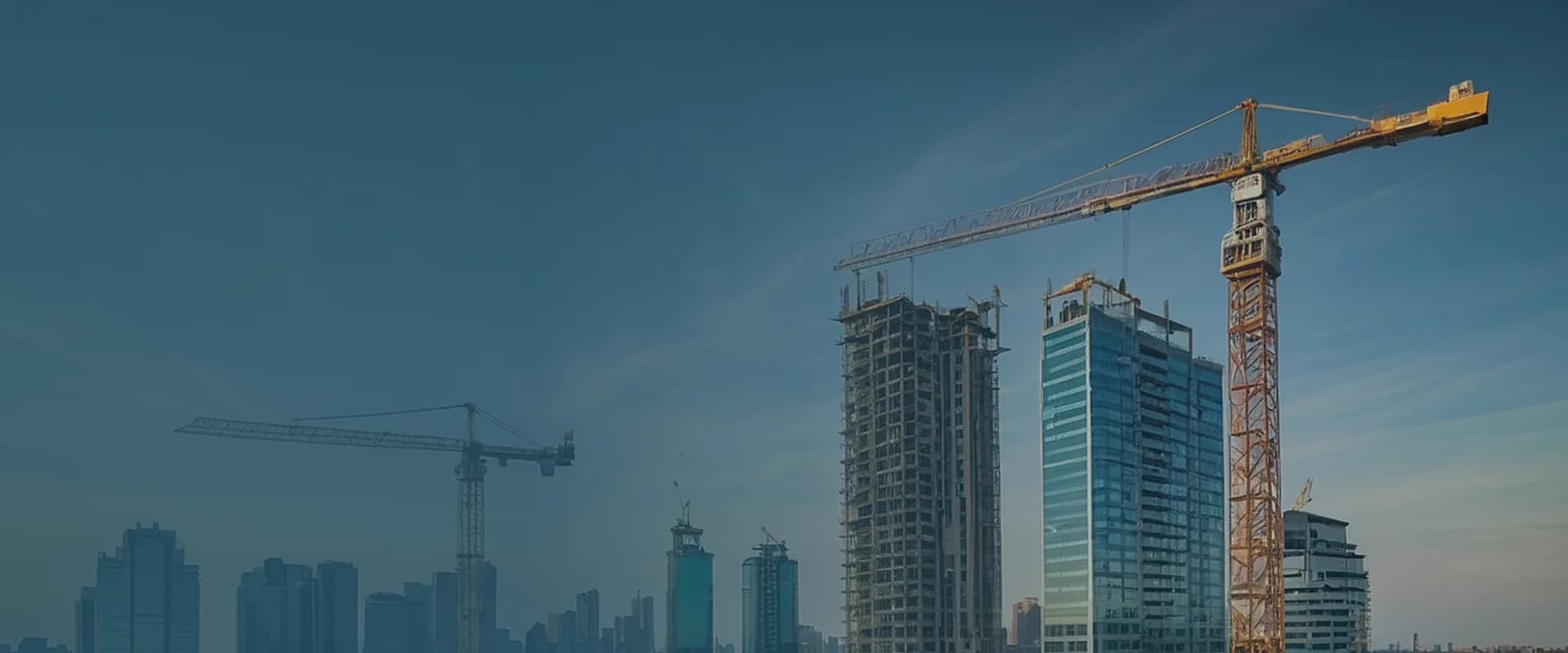 City skyline with high-rise buildings and construction cranes — Dhenu Buildcon