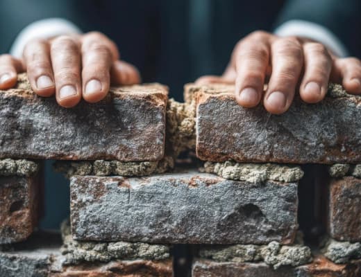 Skilled masonry work laying bricks with mortar