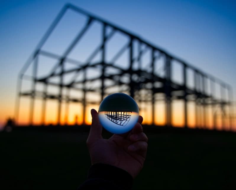 Hand holding a glass sphere reflecting a building silhouette at sunset